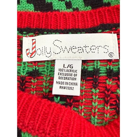 Jolly Sweaters Green & Red Llama Jingle Bells Holiday Winter Sweater Size L - Picture 7 of 8